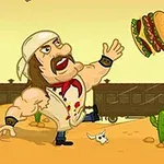 筋肉質の男性が砂漠でハンバーガーを投げ、その後ろに列車と祖母のキャラクターがいる。