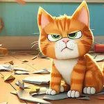 部屋の中で紙を散らかして座る不機嫌そうな表情の茶色の猫。