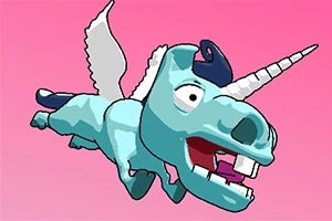 青いユニコーンが翼を広げ、ピンクの背景を飛んでいるイラスト。