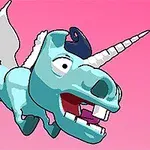 青いユニコーンが翼を広げ、ピンクの背景を飛んでいるイラスト。