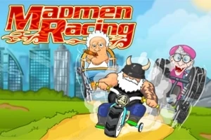 3人のキャラクターが三輪車や車椅子の乗り物で競争しているイラスト。