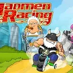 3人のキャラクターが三輪車や車椅子の乗り物で競争しているイラスト。