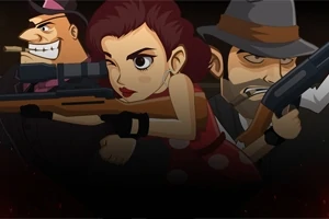 銃を構える赤いドレスの女性と二人の男性のイラスト。