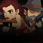 銃を構える赤いドレスの女性と二人の男性のイラスト。