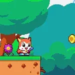 緑豊かな森の風景の中で、キャラクターが浮かぶコインのそばに立っているシーン。
