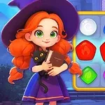 赤い髪の魔女の女の子が、黒猫と本を抱えてパズル画面の前に立っている。