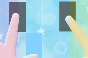 青い背景に、2本の指が黒いタイルをタップしようとしている。