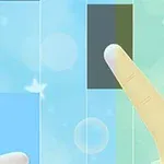 青い背景に、2本の指が黒いタイルをタップしようとしている。