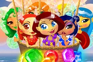 色とりどりの髪をしたキャラクターたちが、宝石がちりばめられた気球に乗っている。