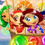 色とりどりの髪をしたキャラクターたちが、宝石がちりばめられた気球に乗っている。