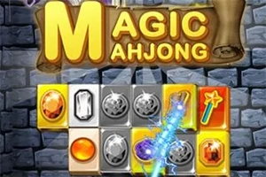 レンガの背景に、宝石や魔法の杖が描かれたパネルと「MAGIC MAHJONG」という文字が表示された画像。