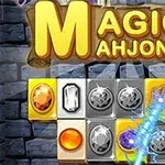 レンガの背景に、宝石や魔法の杖が描かれたパネルと「MAGIC MAHJONG」という文字が表示された画像。