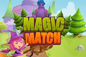 魔女の帽子をかぶった女の子と猫がいるファンタジー風景で「MAGIC MATCH」という文字が中央に大きく表示されている。