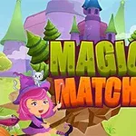 魔女の帽子をかぶった女の子と猫がいるファンタジー風景で「MAGIC MATCH」という文字が中央に大きく表示されている。