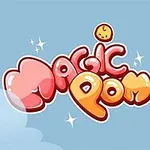 青い空を背景に、カラフルな「Magic Pom」のロゴと、かわいらしい動物の顔のイラストが描かれています。