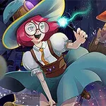 赤い髪の魔法使いの少女が、杖から光を放ちながら宙に舞っている。