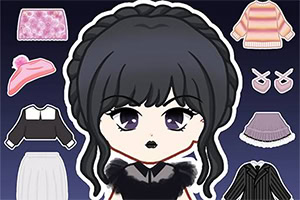黒い髪のキャラクターが、さまざまな服やアクセサリーとともに描かれているイラスト。