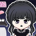 黒い髪のキャラクターが、さまざまな服やアクセサリーとともに描かれているイラスト。