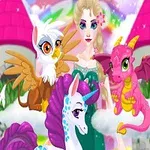 虹色の背景に、城の前でペガサス、ドラゴン、ユニコーンと一緒に立っている女性。
