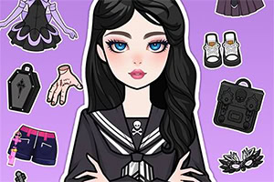 紫の背景に、黒髪のゴス風少女と黒い服や靴、アクセサリーが並んだイラスト。