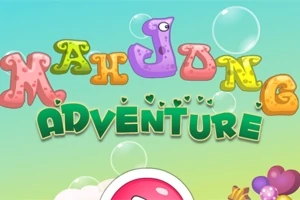 カラフルで泡に囲まれた文字「Mahjong Adventure」が描かれたイメージ。