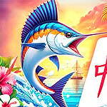 カラフルな剣魚がマージャン牌とトロピカルな風景と共に描かれているイラスト。