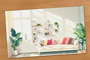 明るい部屋に緑の植物とカラフルなクッションが置かれたソファがあり、壁には棚が飾られています。