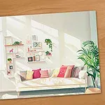 明るい部屋に緑の植物とカラフルなクッションが置かれたソファがあり、壁には棚が飾られています。