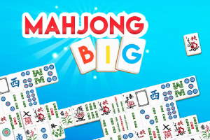 青い背景に「MAHJONG BIG」の文字と多くの麻雀牌が配置されている画像。