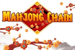 赤いダイヤ形の背景に「Mahjong Chain」の文字があり、周囲に花が咲いた枝が配置されています。