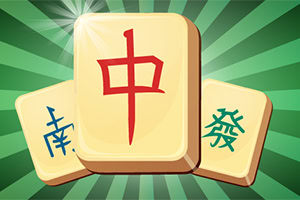 緑色の背景に三つの麻雀牌があり、中央の牌に赤い「中」の文字がある。