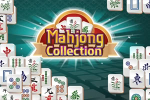 麻雀牌に囲まれた「Mahjong Collection」のロゴと、放射状に広がる緑色の背景。