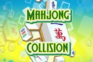背景に青と黄色のグラデーションがあり、中央に麻雀牌と「MAHJONG COLLISION」の文字が配置されている。