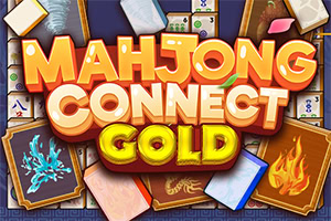 麻雀牌と炎・氷の装飾に囲まれた「MAHJONG CONNECT GOLD」のカラフルなタイトルロゴ