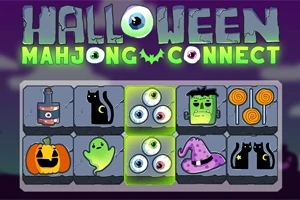 ハロウィンテーマのキャラクターとアイテムが描かれたマージャンパズルの画面。