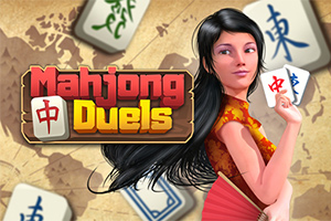 地図の背景に、麻雀の牌を持つ女性と「Mahjong Duels」のロゴが描かれている。