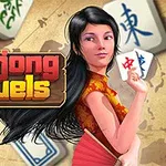 地図の背景に、麻雀の牌を持つ女性と「Mahjong Duels」のロゴが描かれている。