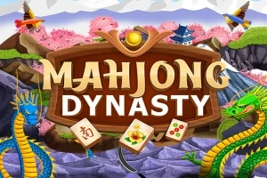 背後に山と桜がある景色の中で、中央に「MAHJONG DYNASTY」と書かれた看板とドラゴンのイラストが描かれている。