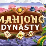 背後に山と桜がある景色の中で、中央に「MAHJONG DYNASTY」と書かれた看板とドラゴンのイラストが描かれている。