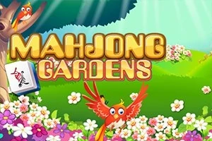 明るい花畑の中で、木に止まる赤い鳥と「MAHJONG GARDENS」の文字が目立つイラスト。