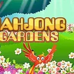 明るい花畑の中で、木に止まる赤い鳥と「MAHJONG GARDENS」の文字が目立つイラスト。
