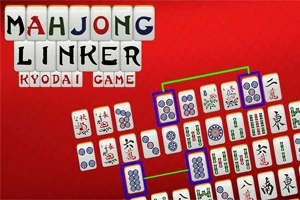 赤い背景に、多くの麻雀牌と「MAHJONG LINKER KYODAI GAME」という文字が配置された画像。