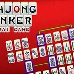 赤い背景に、多くの麻雀牌と「MAHJONG LINKER KYODAI GAME」という文字が配置された画像。