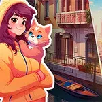 オレンジ色のパーカーを着た女性が猫を抱いており、背景には町並みとマージャンの牌があるイラスト。