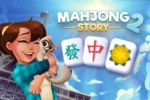 女性が猫を抱えて笑っている青空の下で、三つの麻雀牌が並んでいる。