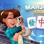 女性が猫を抱えて笑っている青空の下で、三つの麻雀牌が並んでいる。