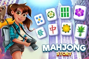 カメラを持った女性キャラクターと麻雀の牌が高層ビルを背景に配置されているイラスト。
