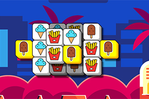 アイスクリームやフライドポテトの絵が描かれたブロックが積み重なり、背景には抽象的な街並みとヤシの木が描かれている。