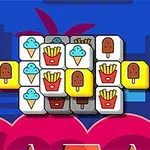 アイスクリームやフライドポテトの絵が描かれたブロックが積み重なり、背景には抽象的な街並みとヤシの木が描かれている。