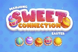 青い背景に「SWEET CONNECTION」と大きく書かれたカラフルな文字と、下に並んだ5つの色とりどりのイースターエッグ。